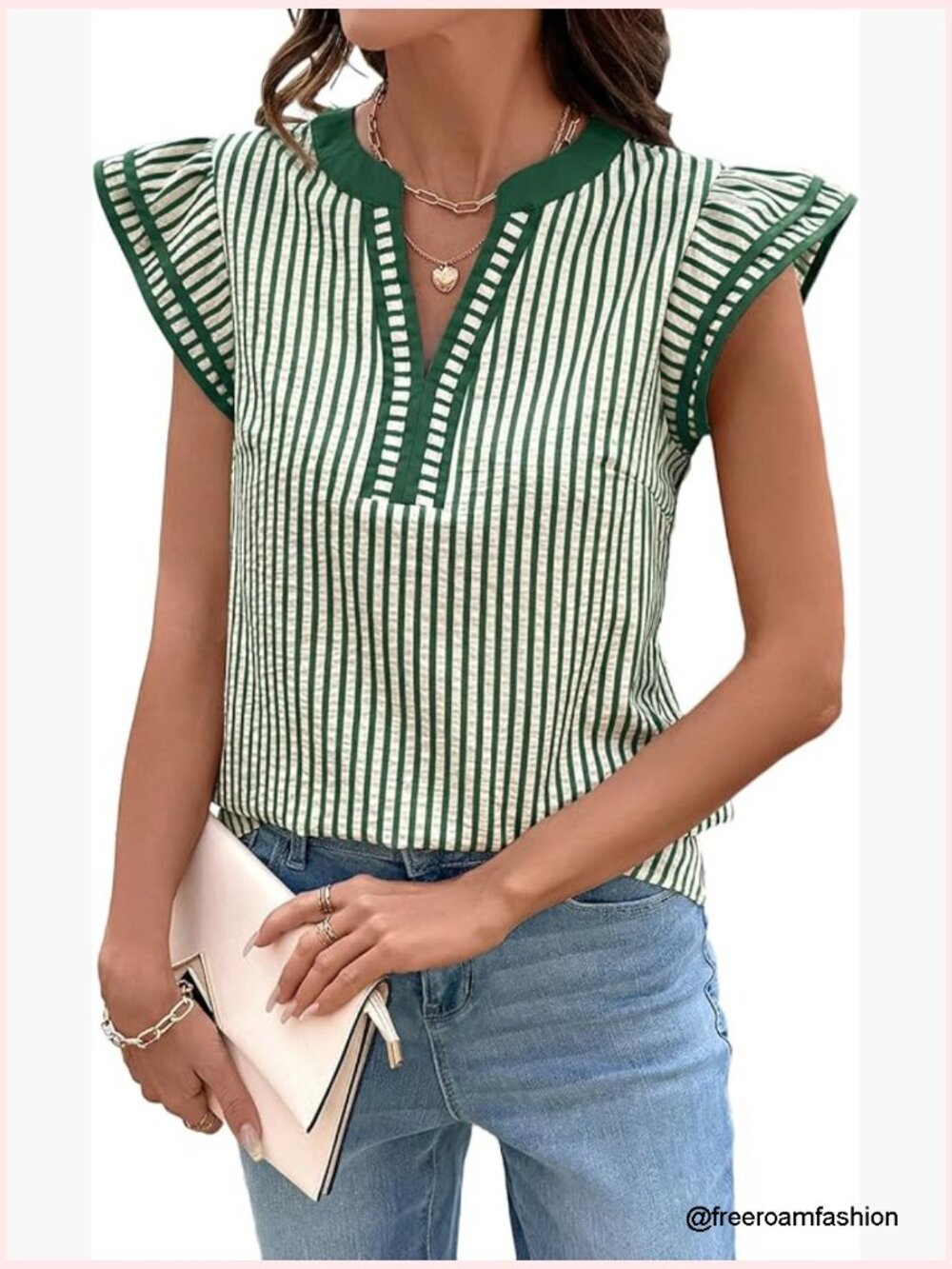 V Neck Cap Short Sleeve Striped T Shirt Loose Boho Blouse